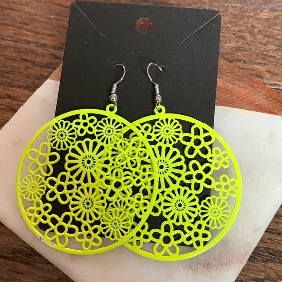 Neon Yellow Flower Power Earrings - Picture 2 of 5
